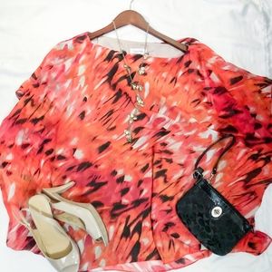 Coral, Tan and Black Print Calvin Klein Blouse